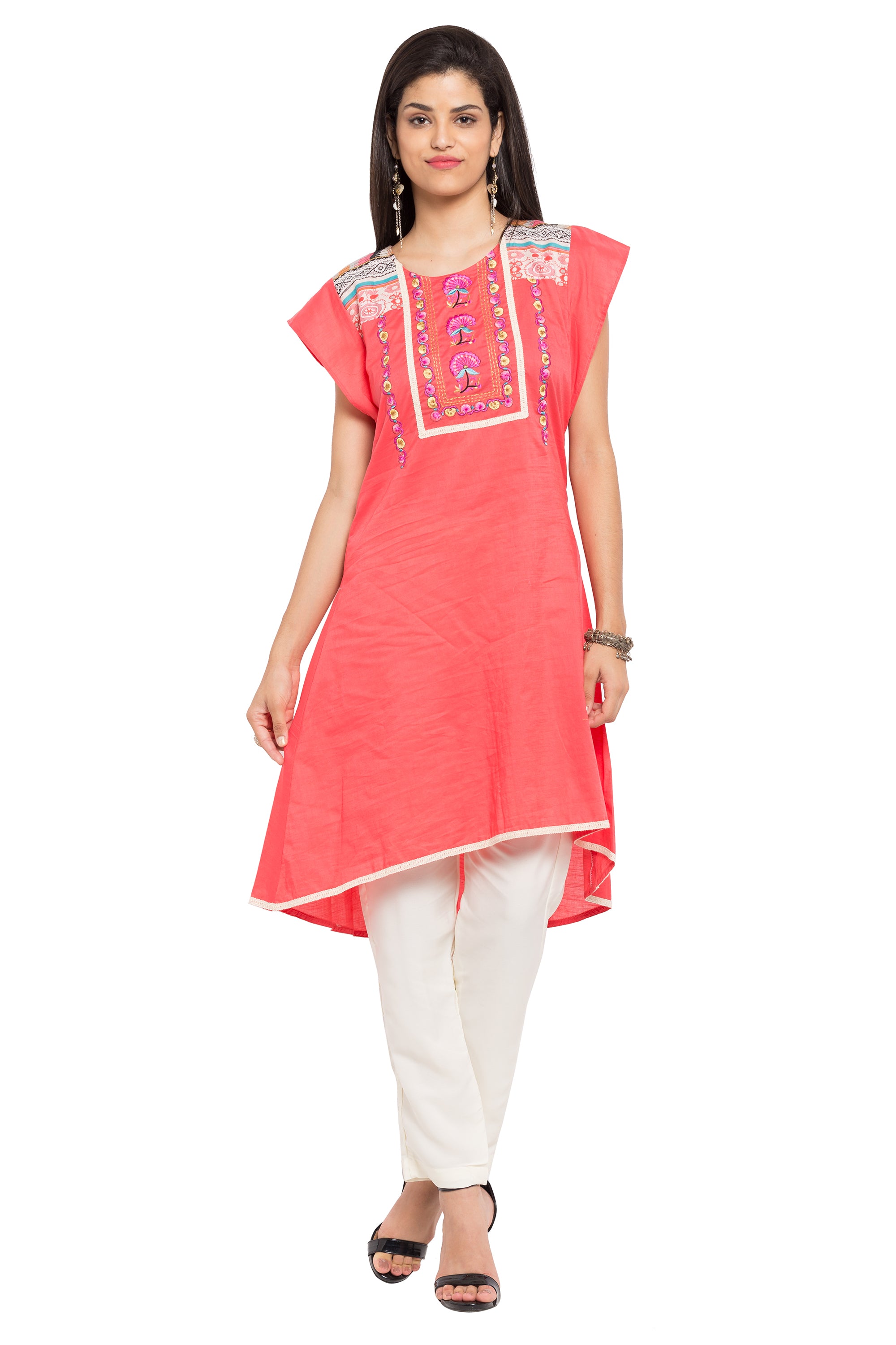 Blended Cotton Asymmetric Kurti In Pink