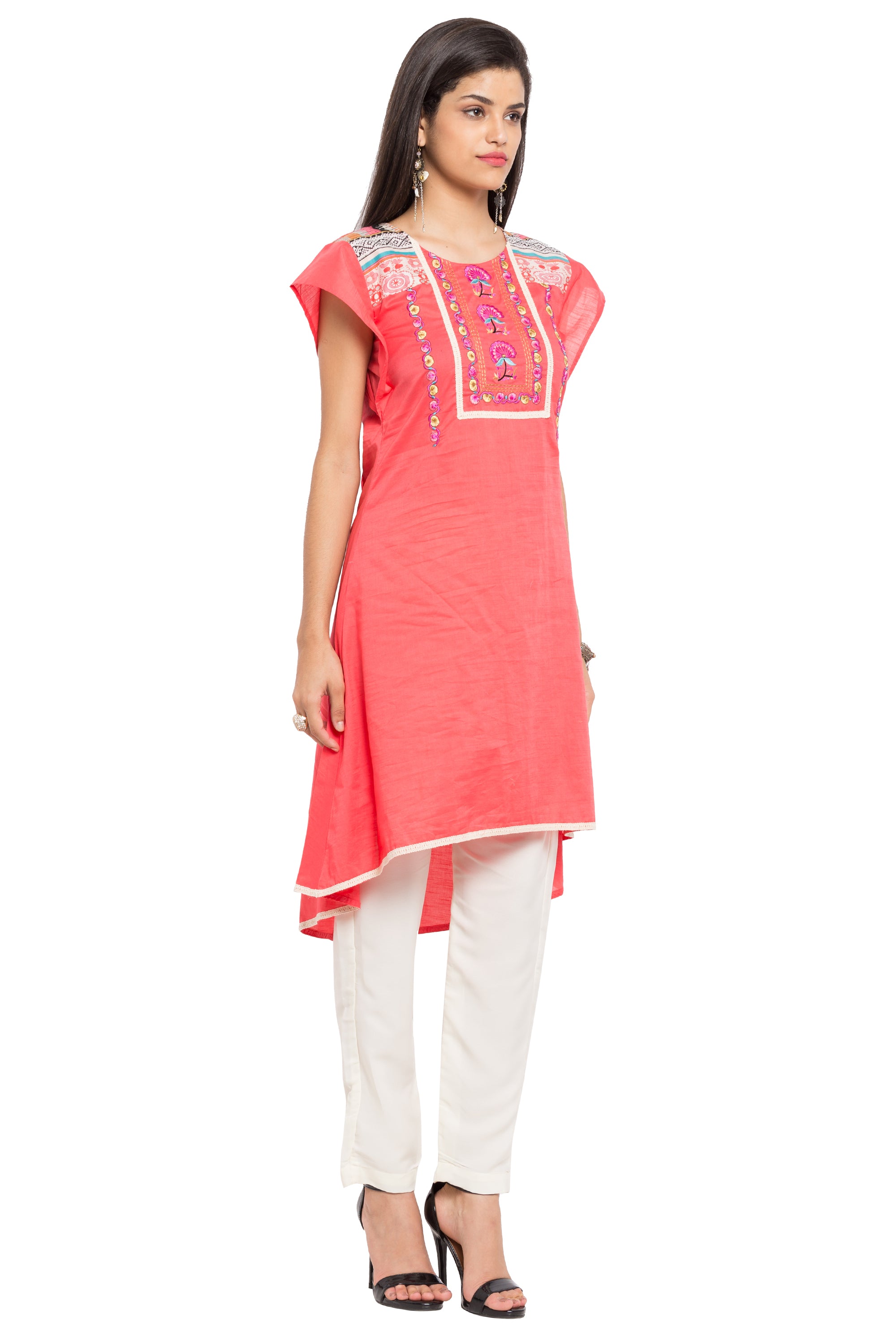 Blended Cotton Asymmetric Kurti In Pink