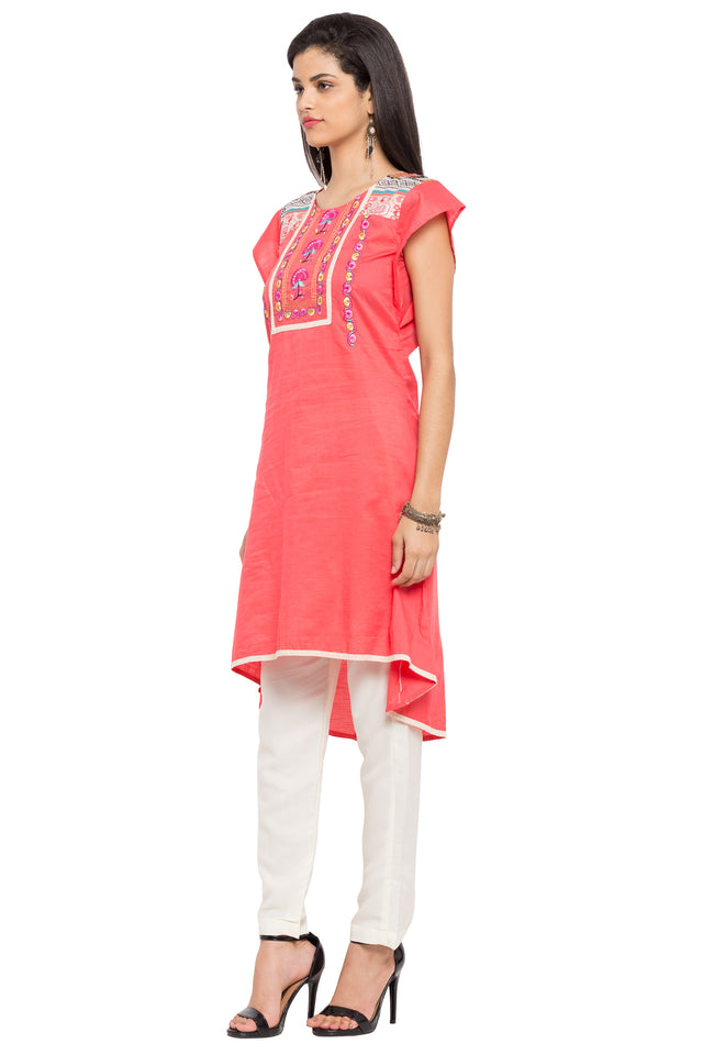 Blended Cotton Asymmetric Kurti In Pink