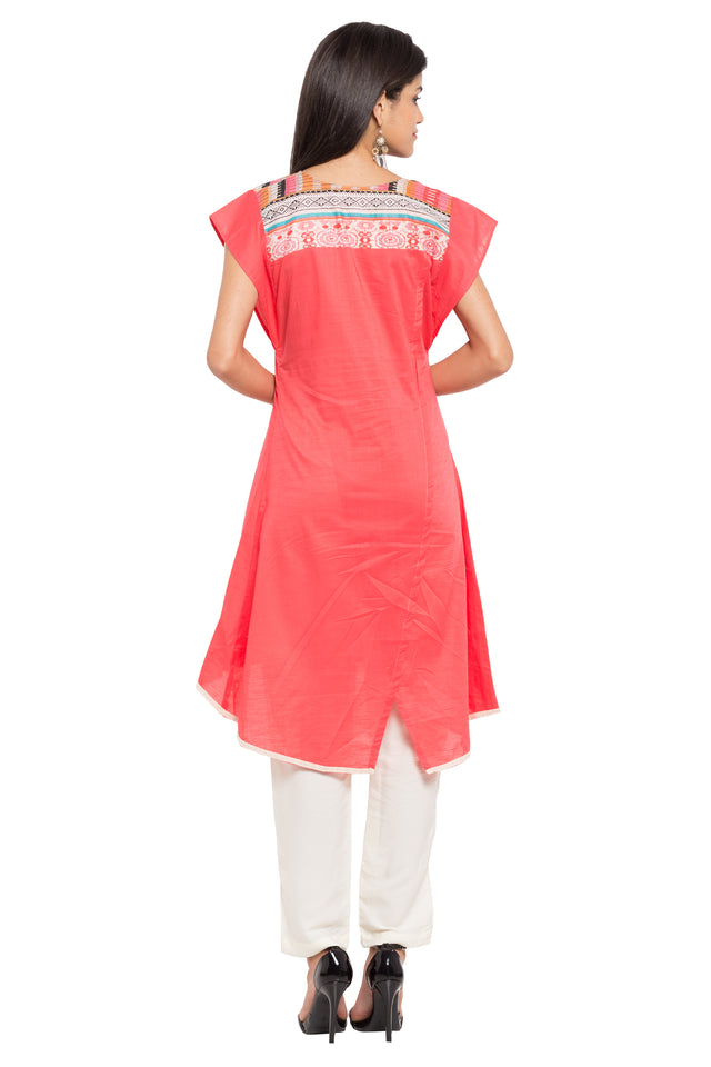 Blended Cotton Asymmetric Kurti In Pink