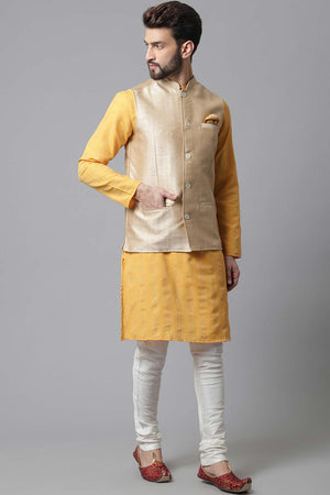Buy Men's Beige Banarasi Textured Nehru jacket Online - KARMAPLACE