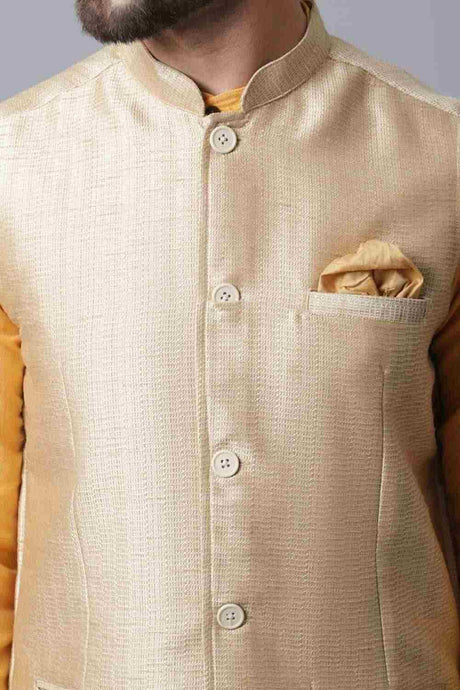 Buy Men's Beige Banarasi Textured Nehru jacket Online - KARMAPLACE