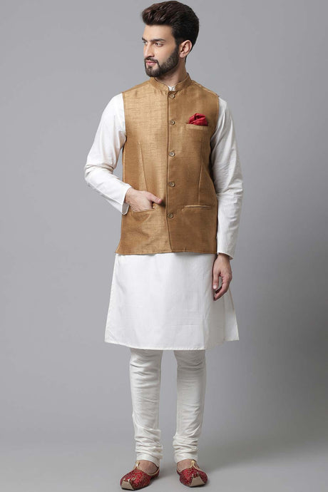 Buy Men's Gold Banarasi Textured Nehru jacket Online - KARMAPLACE