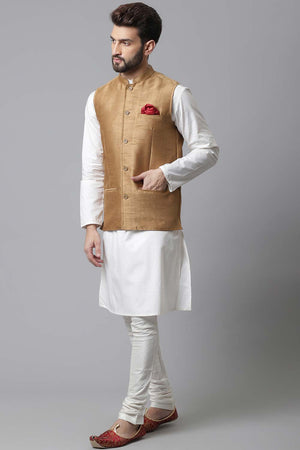 Buy Men's Gold Banarasi Textured Nehru jacket Online - KARMAPLACE