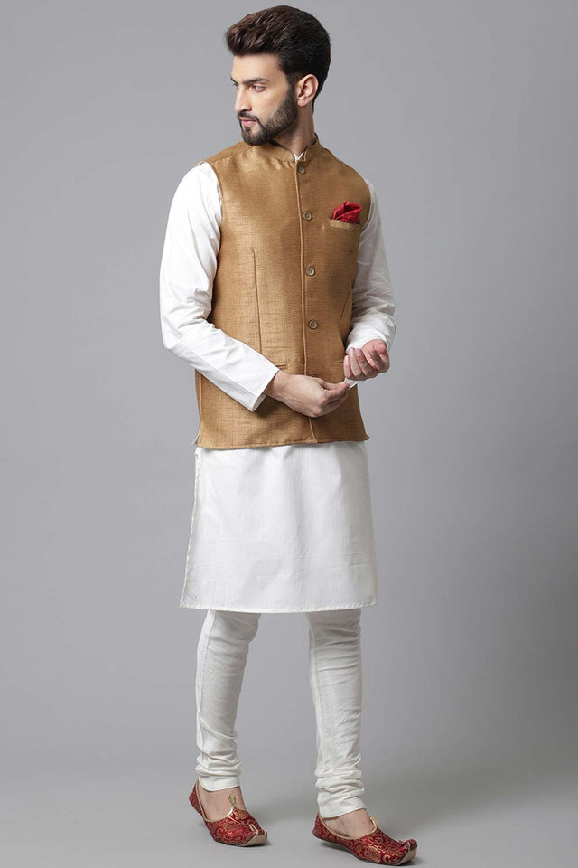 Buy Men's Gold Banarasi Textured Nehru jacket Online - KARMAPLACE