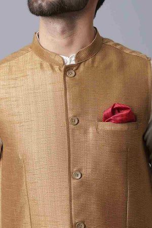 Buy Men's Gold Banarasi Textured Nehru jacket Online - KARMAPLACE