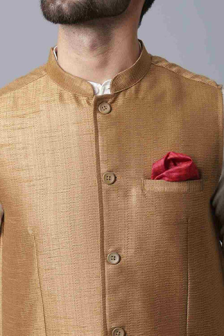 Buy Men's Gold Banarasi Textured Nehru jacket Online - KARMAPLACE