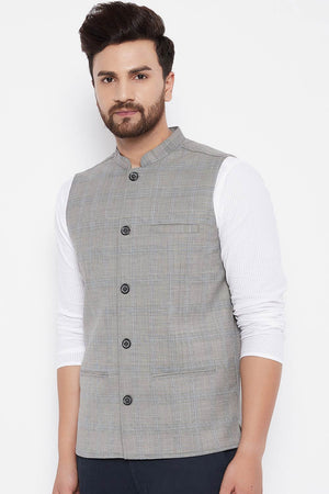 Buy Men's Merino Checks Nehru Jacket in Grey - Front