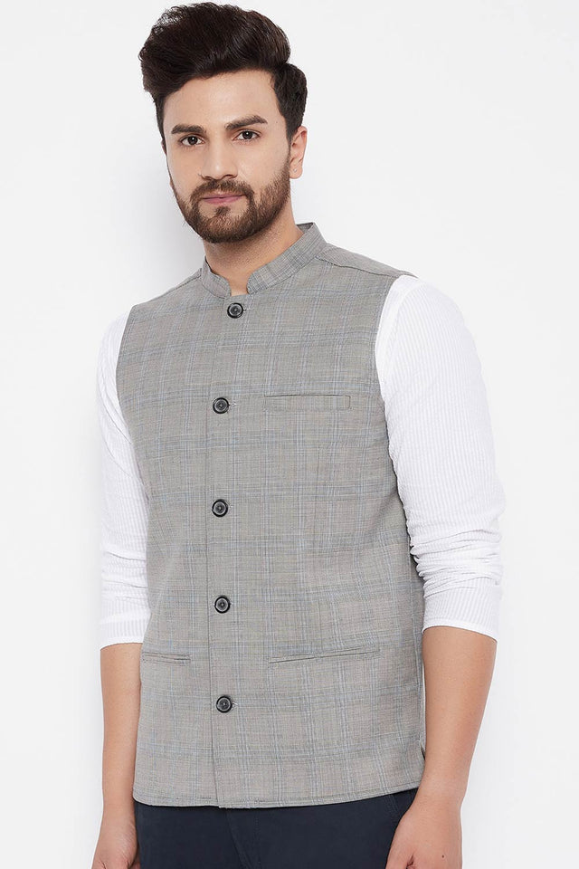 Buy Men's Merino Checks Nehru Jacket in Grey - Front