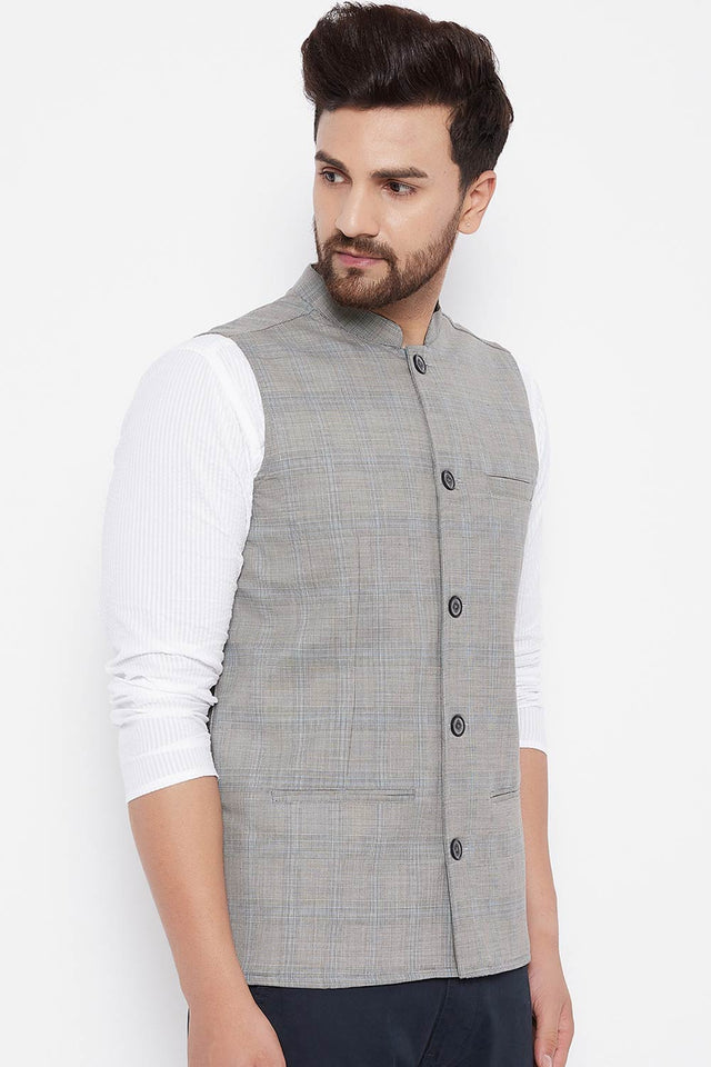 Buy Men's Merino Checks Nehru Jacket in Grey - Side