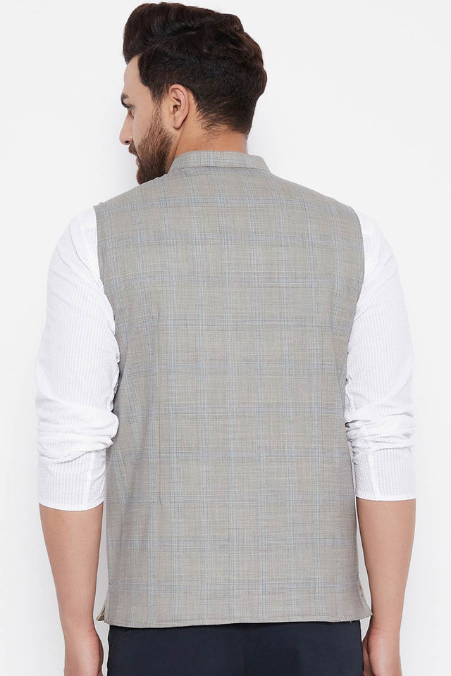 Buy Men's Merino Checks Nehru Jacket in Grey - Zoom in
