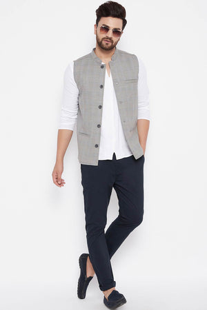 Buy Men's Merino Checks Nehru Jacket in Grey - Back