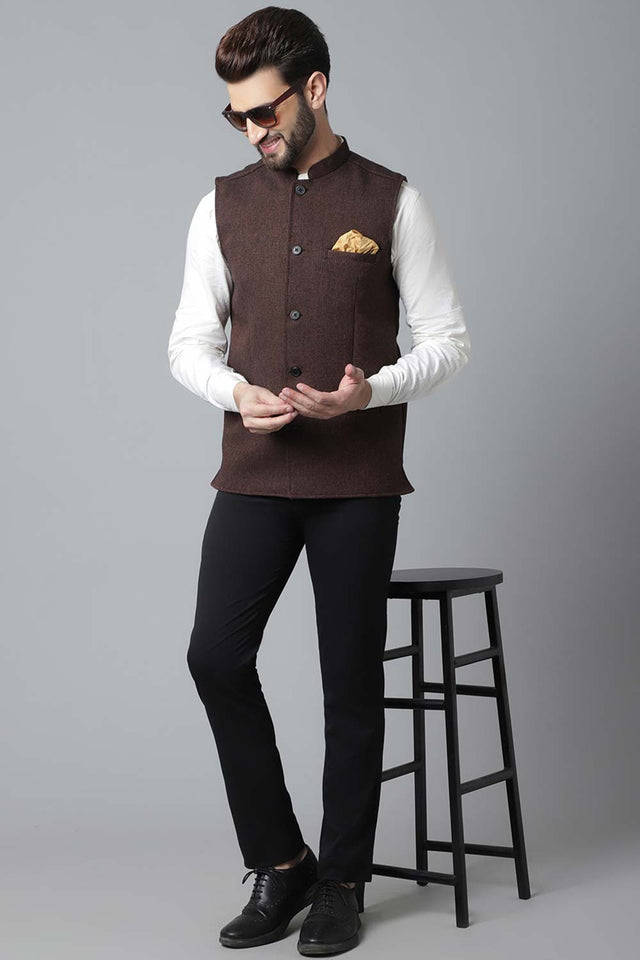 Buy Men's Brown Linen Blend Solid Waistcoat Online - KARMAPLACE