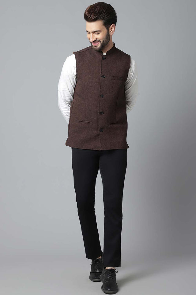Buy Men's Brown Linen Blend Solid Waistcoat Online - KARMAPLACE
