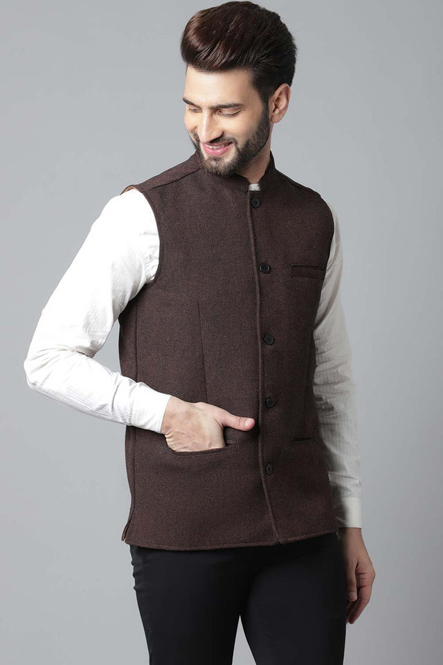 Buy Men's Brown Linen Blend Solid Waistcoat Online - KARMAPLACE