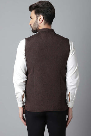 Buy Men's Brown Linen Blend Solid Waistcoat Online - KARMAPLACE