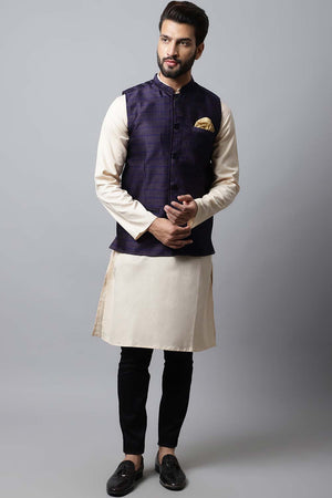 Buy Men's Blue Banarasi Checks Nehru jacket Online - KARMAPLACE