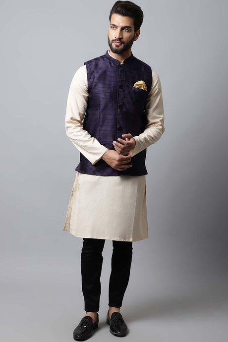 Buy Men's Blue Banarasi Checks Nehru jacket Online - KARMAPLACE