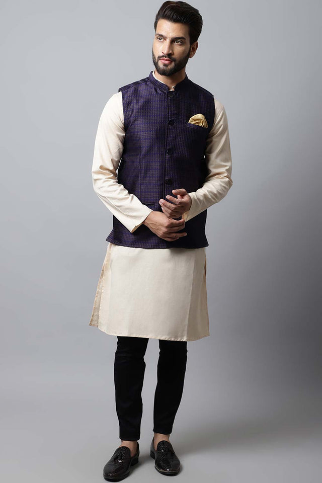 Buy Men's Blue Banarasi Checks Nehru jacket Online - KARMAPLACE
