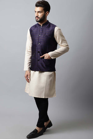 Buy Men's Blue Banarasi Checks Nehru jacket Online - KARMAPLACE