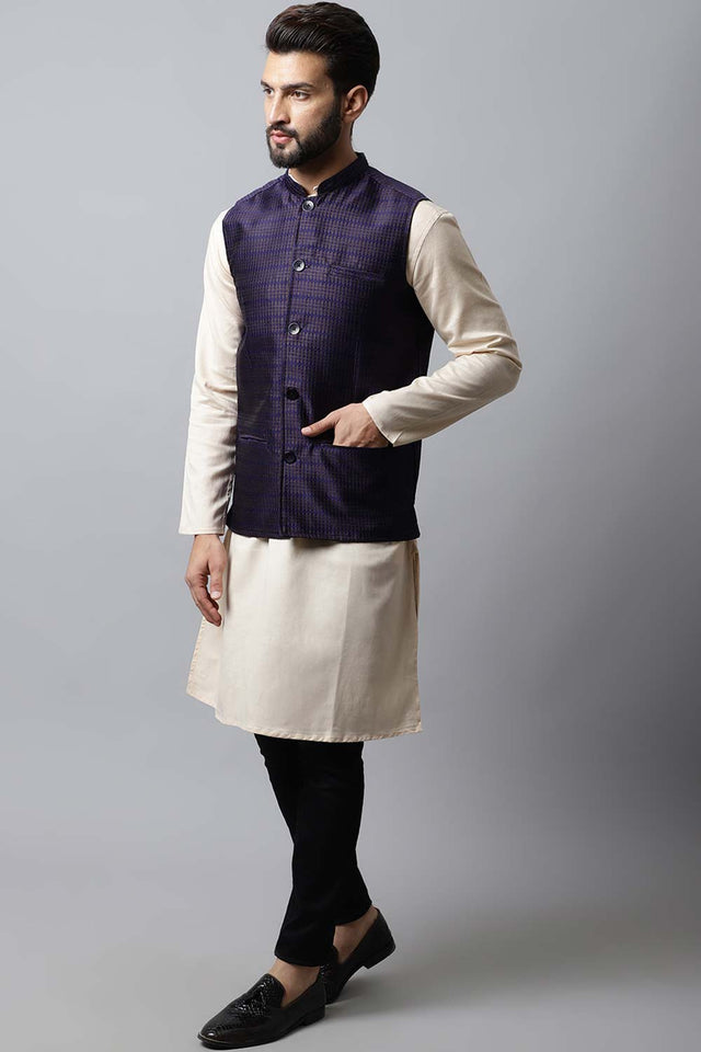 Buy Men's Blue Banarasi Checks Nehru jacket Online - KARMAPLACE