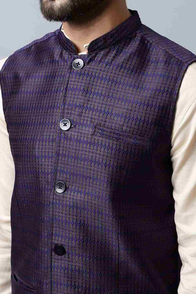 Buy Men's Blue Banarasi Checks Nehru jacket Online - KARMAPLACE
