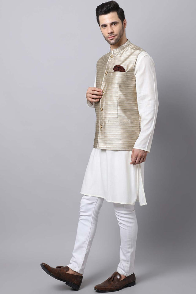 Buy Men's Beige Banarasi Self-design Nehru jacket Online - KARMAPLACE