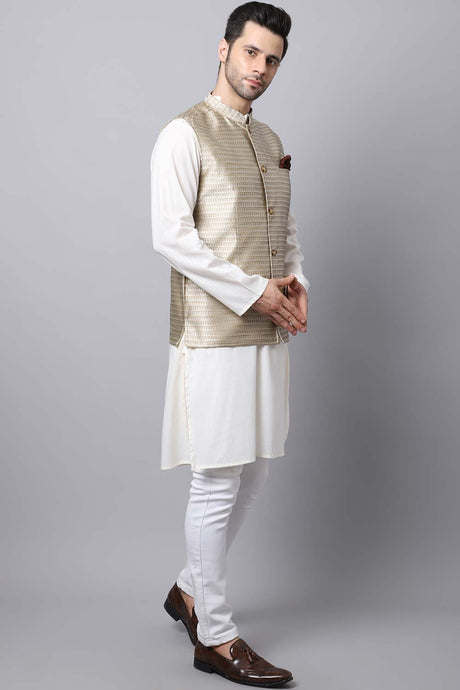 Buy Men's Beige Banarasi Self-design Nehru jacket Online - KARMAPLACE