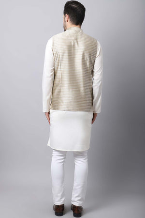 Buy Men's Beige Banarasi Self-design Nehru jacket Online - KARMAPLACE