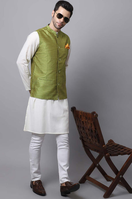 Buy Men's Green Banarasi Self-design Nehru jacket Online - KARMAPLACE