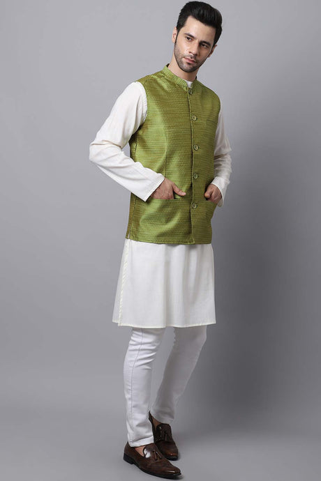 Buy Men's Green Banarasi Self-design Nehru jacket Online - KARMAPLACE