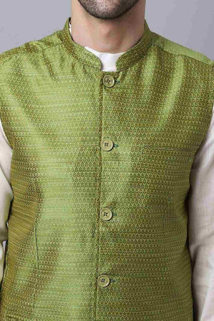 Buy Men's Green Banarasi Self-design Nehru jacket Online - KARMAPLACE