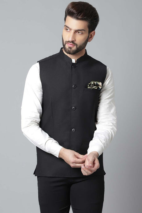 Buy Men's Black Linen Blend Solid Waistcoat Online - KARMAPLACE