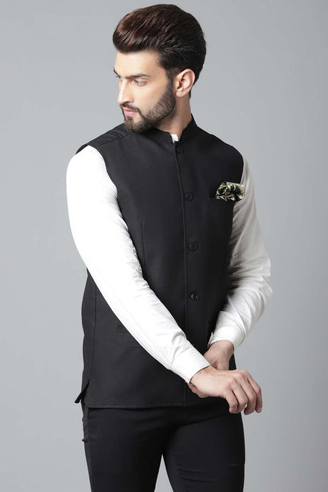 Buy Men's Black Linen Blend Solid Waistcoat Online - KARMAPLACE
