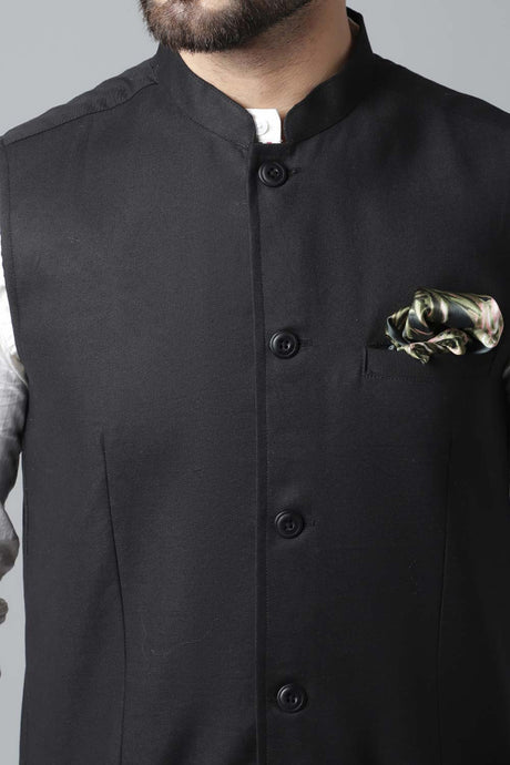 Buy Men's Black Linen Blend Solid Waistcoat Online - KARMAPLACE