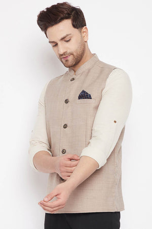 Buy Men's Linen Solid Nehru Jacket in Cream
