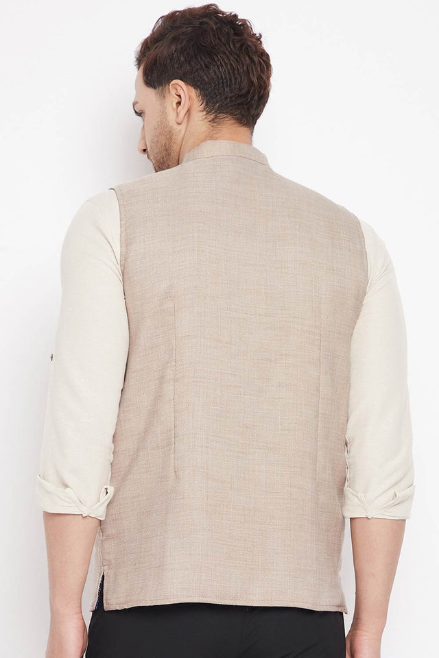 Buy Men's Linen Solid Nehru Jacket in Cream