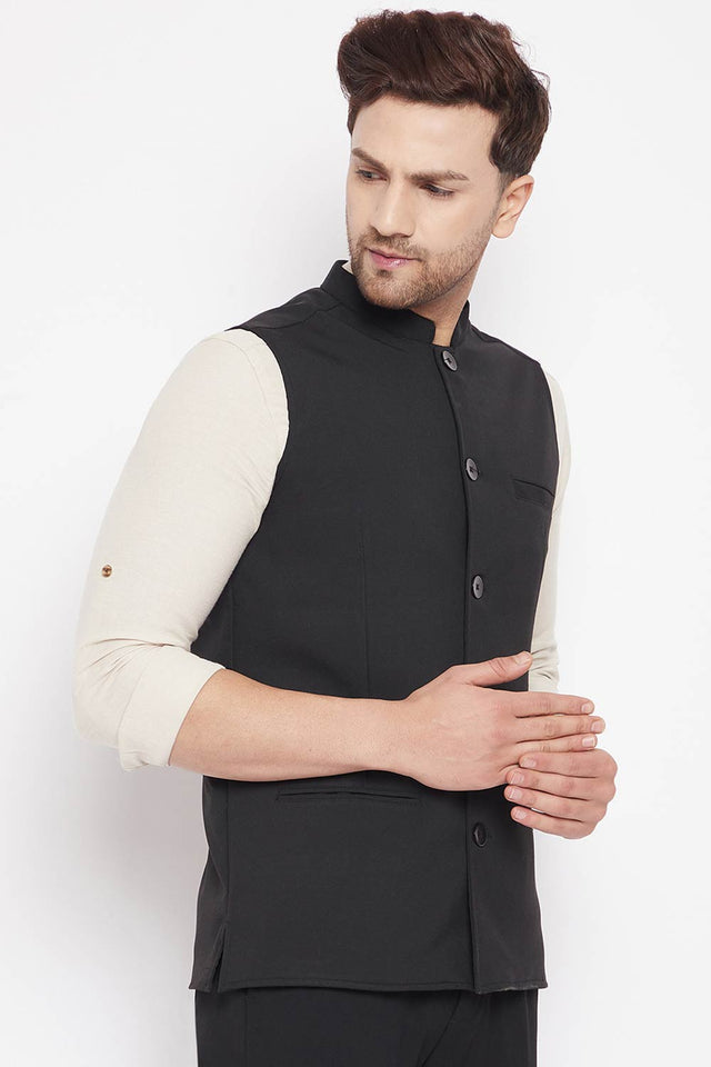 Buy Men's Merino Solid Nehru Jacket in Black
