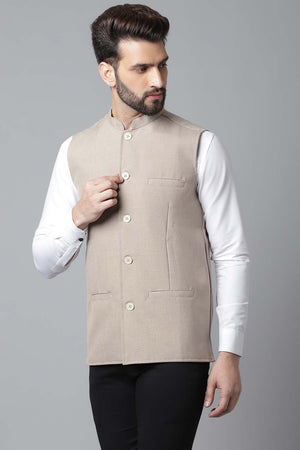 Buy Men's Cream Cotton Solid Waistcoat Online - KARMAPLACE