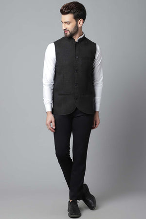 Buy Men's Black Wool Textured Waistcoat Online - KARMAPLACE