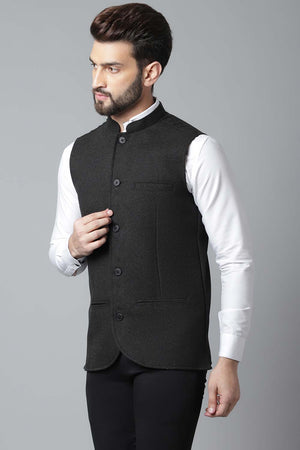 Buy Men's Black Wool Textured Waistcoat Online - KARMAPLACE