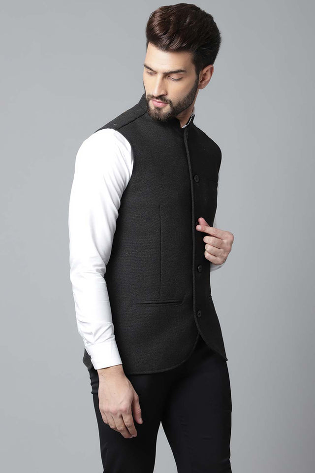 Buy Men's Black Wool Textured Waistcoat Online - KARMAPLACE