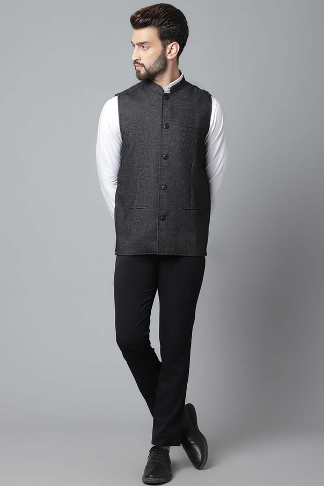 Buy Men's Black Wool Textured Waistcoat Online - KARMAPLACE