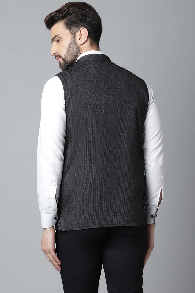 Buy Men's Black Wool Textured Waistcoat Online - KARMAPLACE