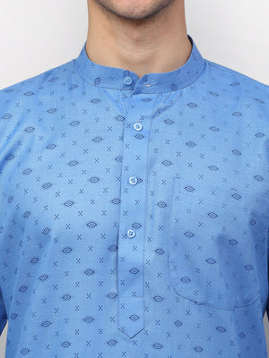 Men's Blue Cotton Printed Kurta Set