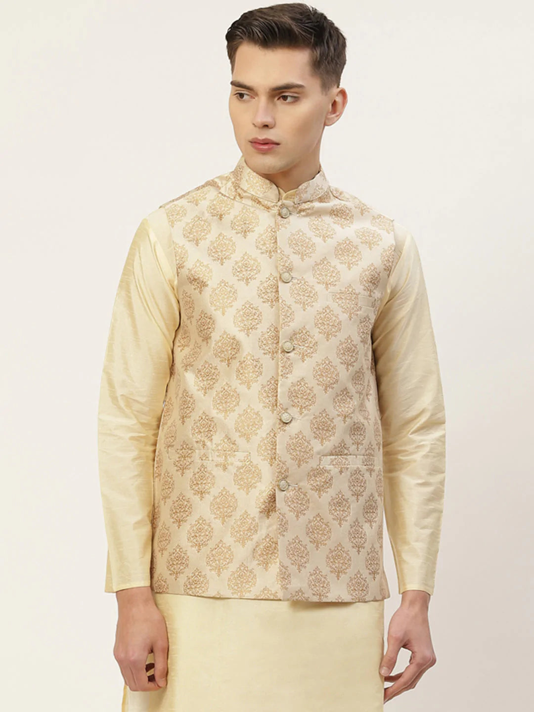 Men's Cream Jacquard Silk Woven Design Nehru Jacket (JOWC_4032Cream)