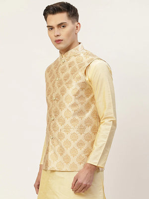 Men's Cream Jacquard Silk Woven Design Nehru Jacket (JOWC_4032Cream)