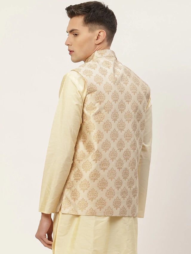 Men's Cream Jacquard Silk Woven Design Nehru Jacket (JOWC_4032Cream)