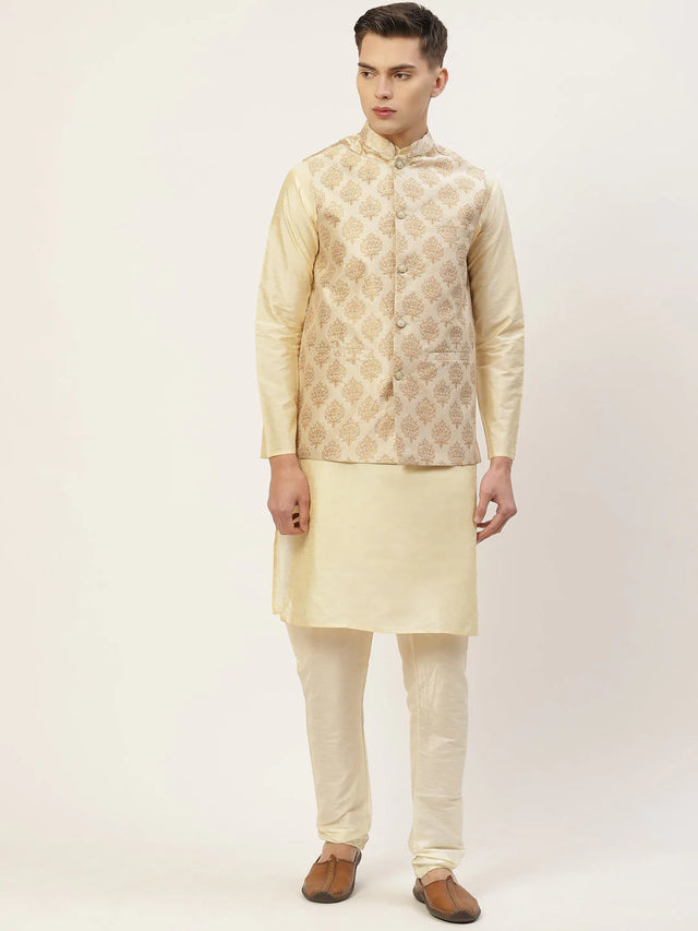 Men's Cream Jacquard Silk Woven Design Nehru Jacket (JOWC_4032Cream)