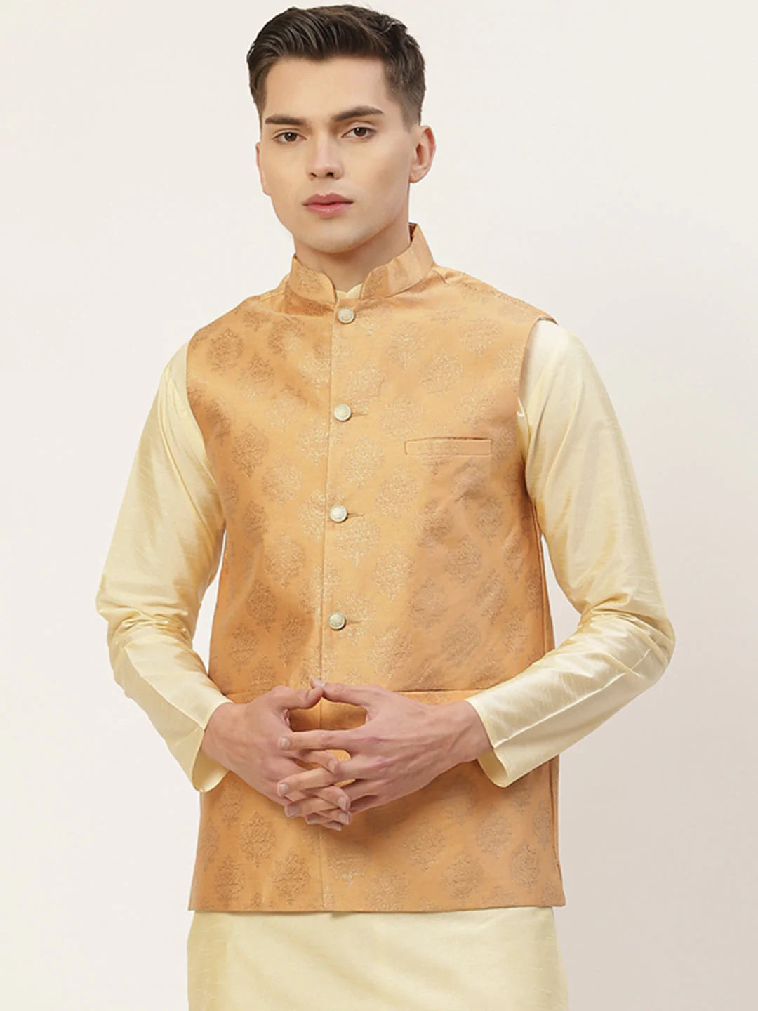 Men's Peach Jacquard Silk Woven Design Nehru Jacket (JOWC_4032Peach)